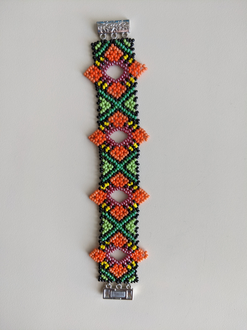 Colorful Seed Bead Bracelet — Orange & Green Geometric Design - Picture 3 of 5